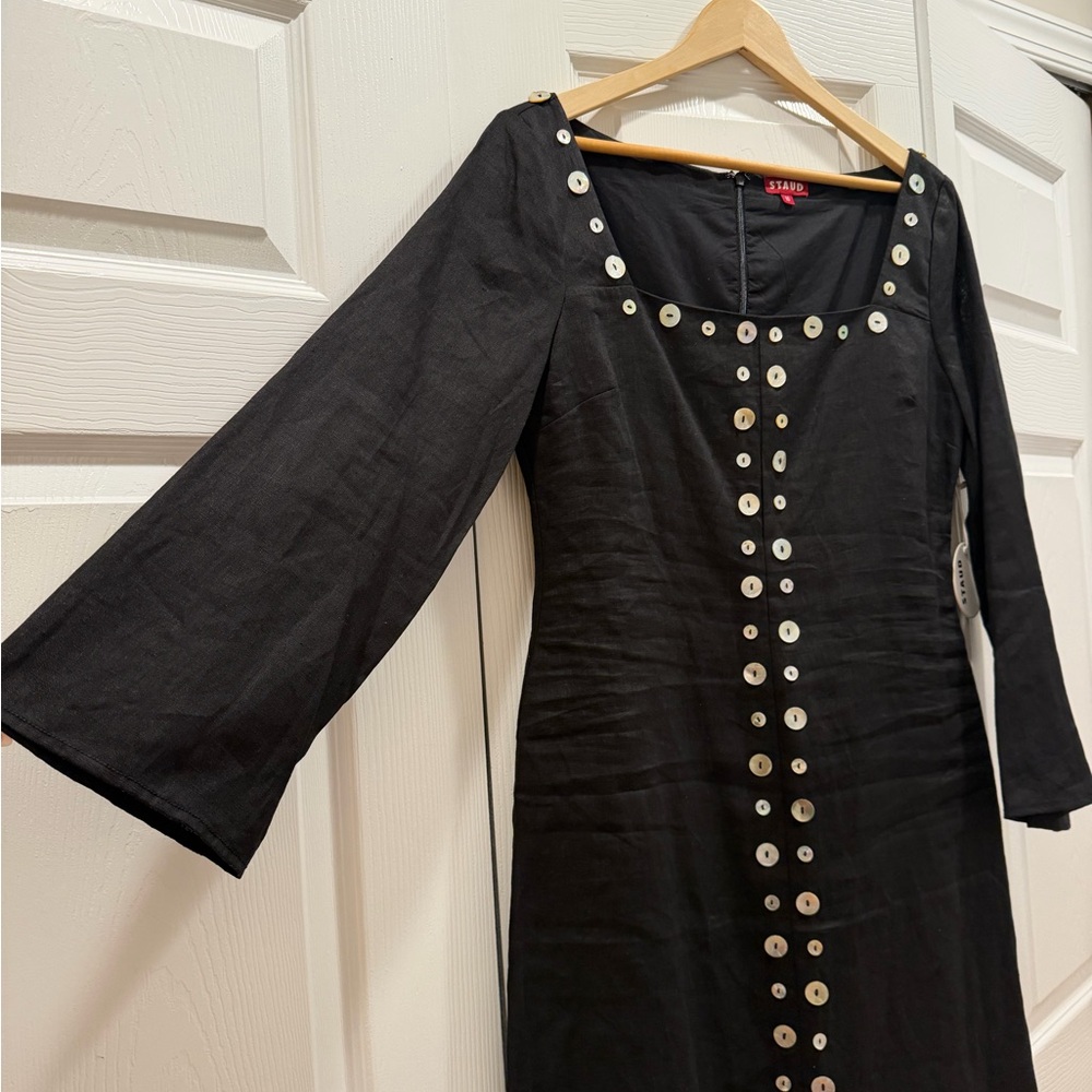 Staud Black Linen Mini Dress with Seashell Buttons